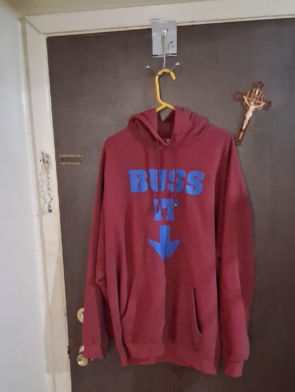 Buss It Maroon Hoodie with Blue Graphic - Men's Pullover